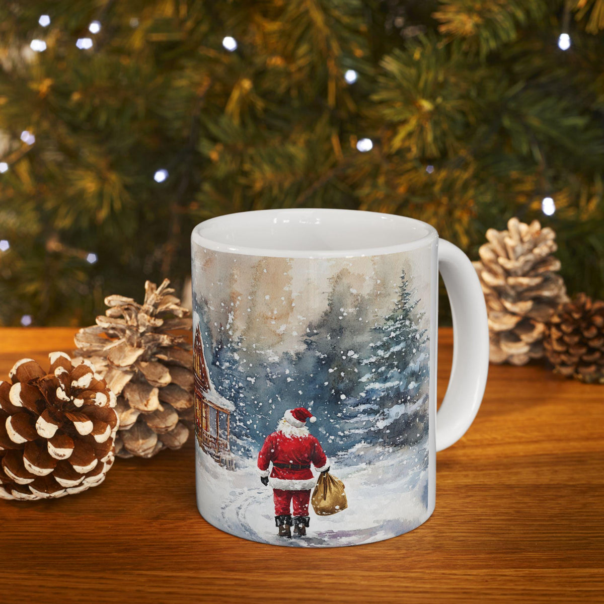 Snowy Cabin with Santa Claus Mug | Christmas Winter Scene Ceramic Mug 11 oz