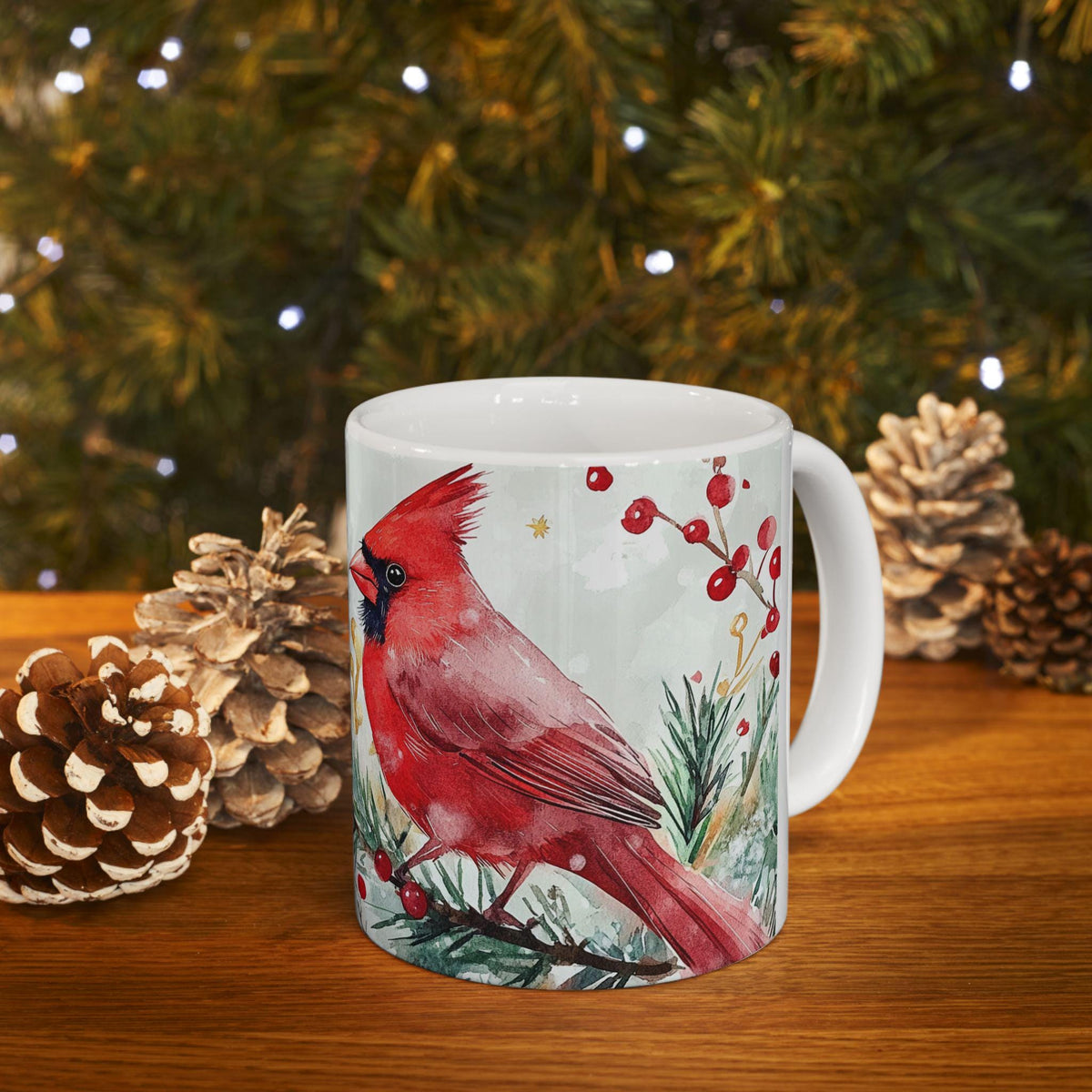 Watercolor Northern Cardinal on Pine Branch Mug | Winter Holiday Bird 11 oz