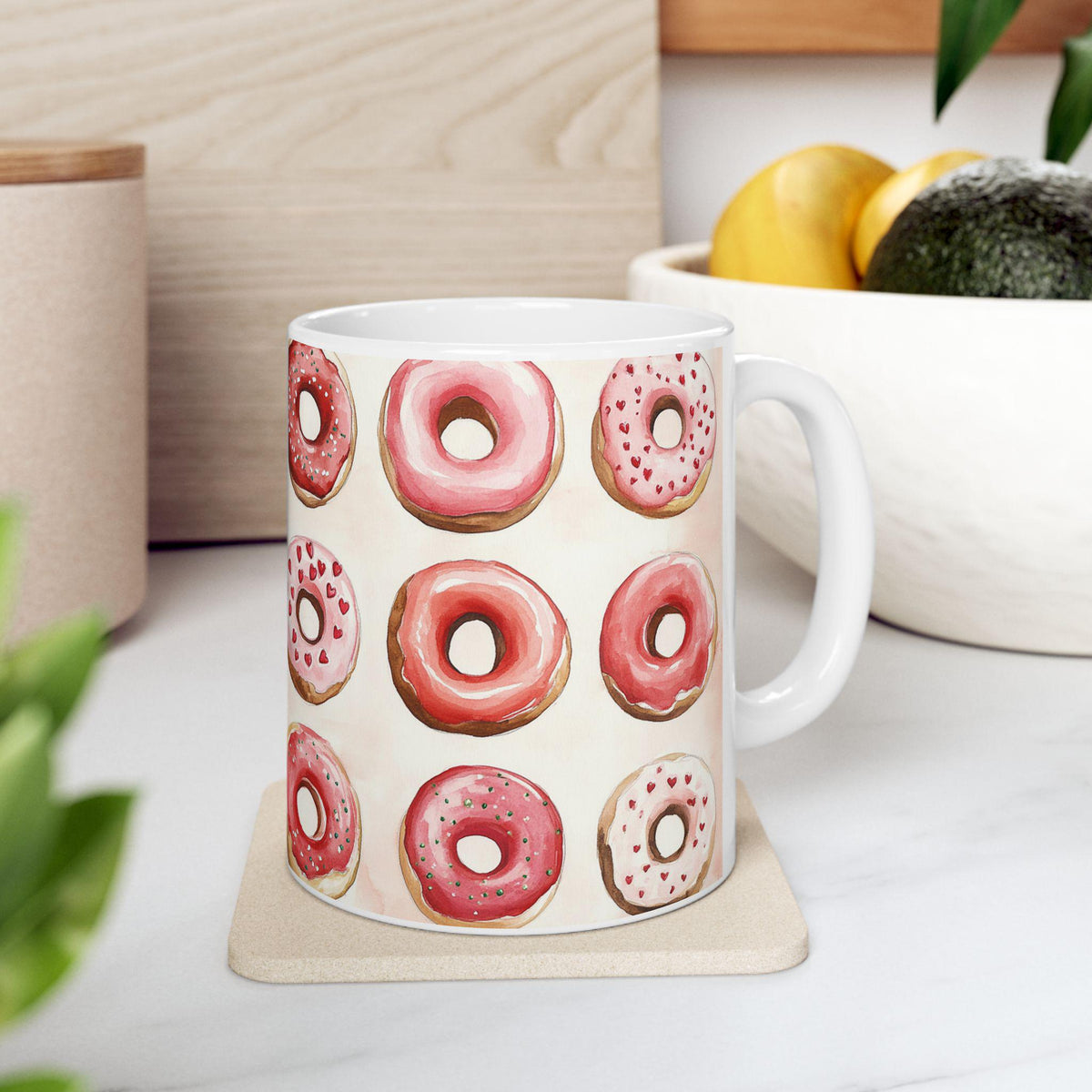 Pink Donut Pattern Mug ,Ceramic Coffee Mug,Valentine Mug, Love Pattern Coffee Cup, Cute Gift for Her