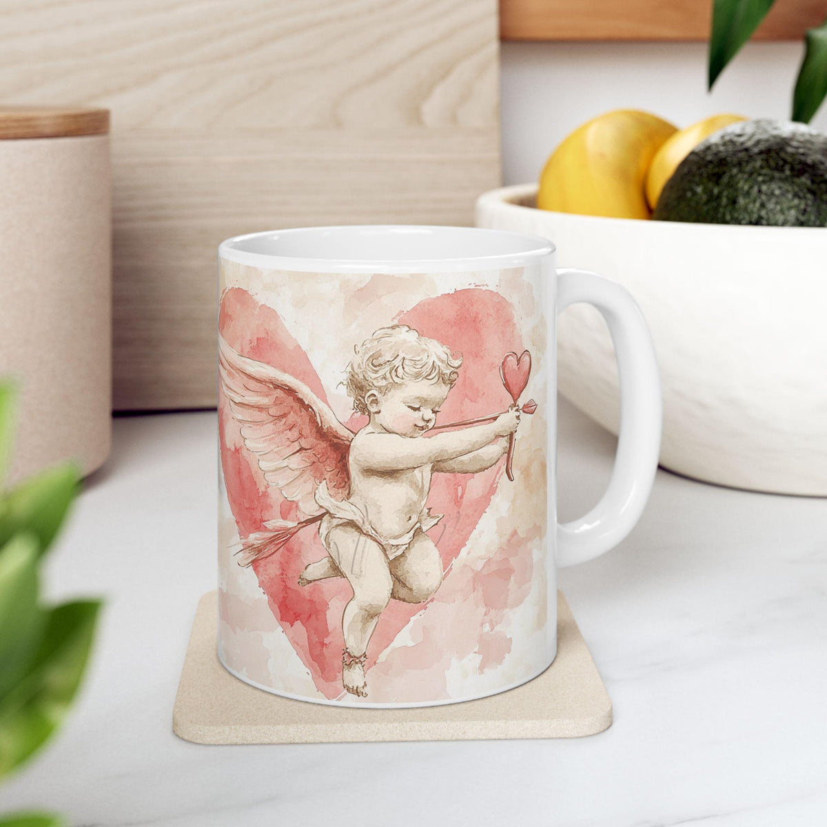 Watercolor Winged Heart Mug ,Angel Wings Heart Coffee Cup,Cupid Angel Mug, Vintage Valentine Coffee Mug, Romantic Love Mug