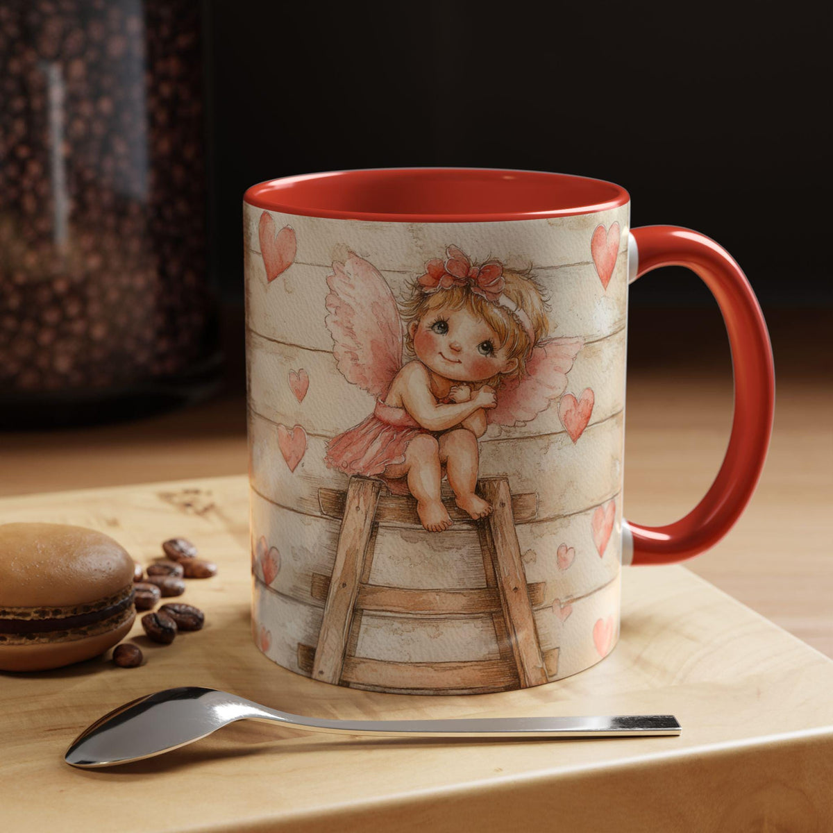 Valentine Mug,Cute Pink Fairy Heart Ladder mug , Accent Coffee Mug,Cupid Angel Mug, Vintage Valentine Coffee Mug, Romantic Love Mug,