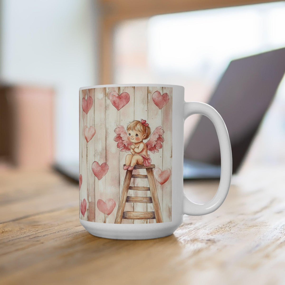 Watercolor Pink Hearts Mug, Rustic Wood Heart Pattern Ceramic Mug,Cupid Angel Mug, Vintage Valentine Coffee Mug, Romantic Love Mug