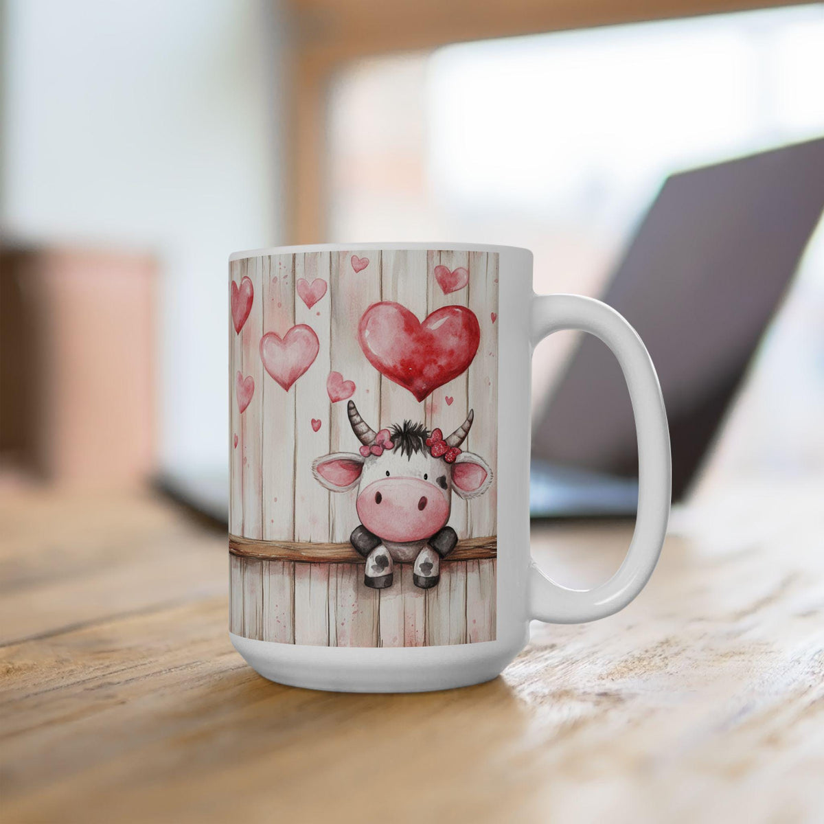 Valentine Mug,Cow with Heart Balloons Mug , Valentine Farmhouse Ceramic Mug,Vintage Valentine Coffee Mug, Romantic Love Mug