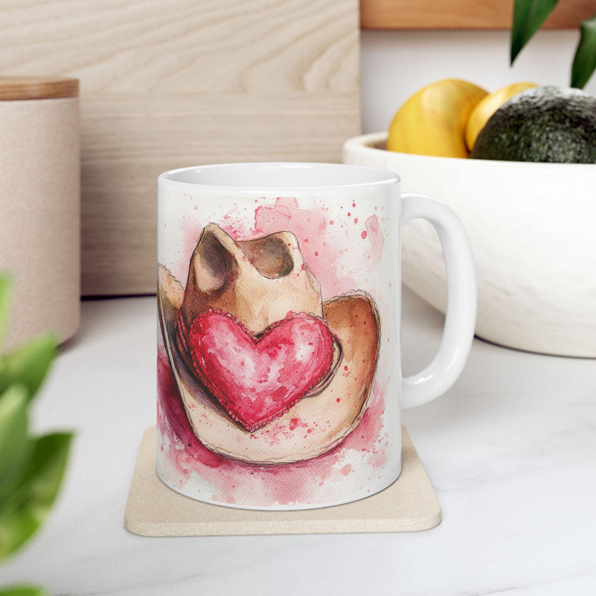 Watercolor Cowboy Hat with Heart Mug , Country Western Coffee Cup,Vintage Valentine Coffee Mug, Romantic Love Mug
