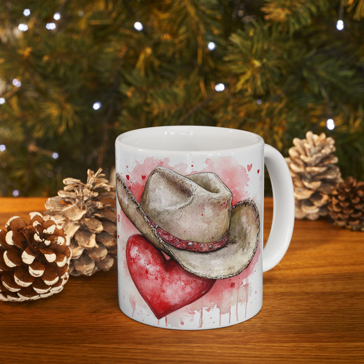 Watercolor Cowboy Hat and Heart Mug ,Ceramic Coffee Cup, Vintage Valentine Coffee Mug, Romantic Love Mug