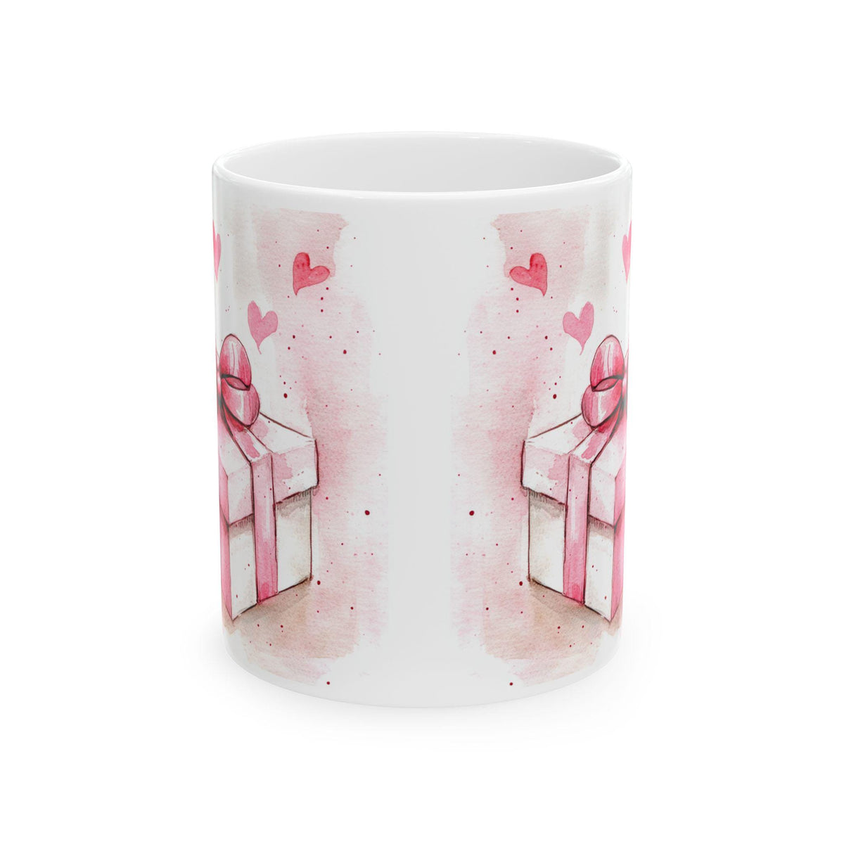 Pink Gift Box Hearts Mug , Valentine Day Ceramic Mug, Watercolor Gift Box Mug, Valentine Coffee Mug, Romantic Gift Mug