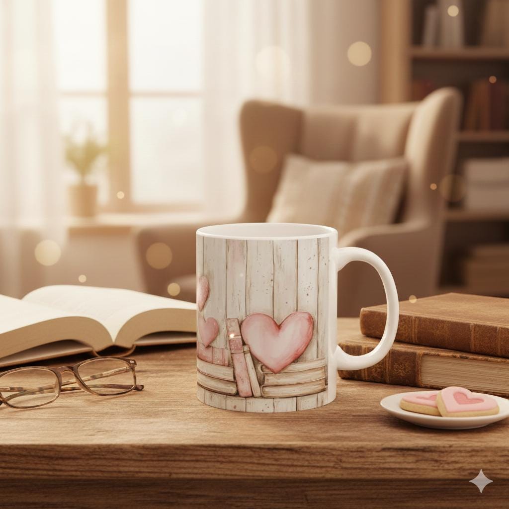 Pink Heart Shelf Mug , Rustic Wood Valentine Love Ceramic Mug, Book Lover Valentine Mug, Pink Heart Books Coffee Cup, Romantic Gift Mug