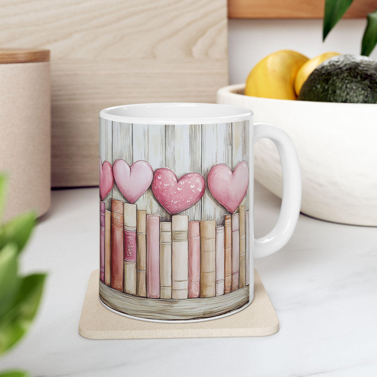 Pink Hearts and Vintage Books Mug ,Ceramic Coffee Cup,Book Lover Valentine Mug, Pink Heart Books Coffee Cup, Romantic Gift Mug