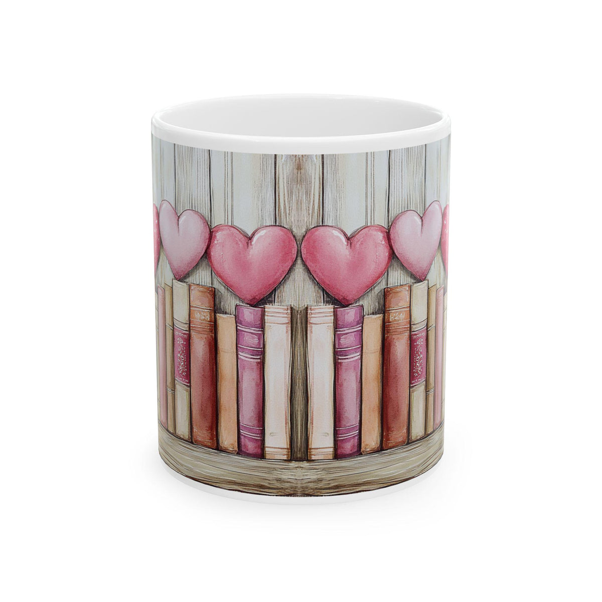 Pink Hearts and Vintage Books Mug ,Ceramic Coffee Cup,Book Lover Valentine Mug, Pink Heart Books Coffee Cup, Romantic Gift Mug