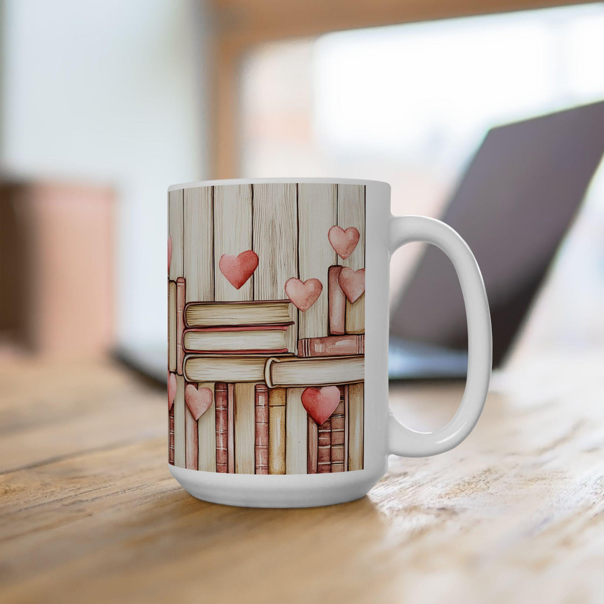 Valentine Mug,Book Stack with Hearts Mug ,Romantic Bookshelf.Book Lover Valentine Mug, Pink Heart Books Coffee Cup, Romantic Gift Mug