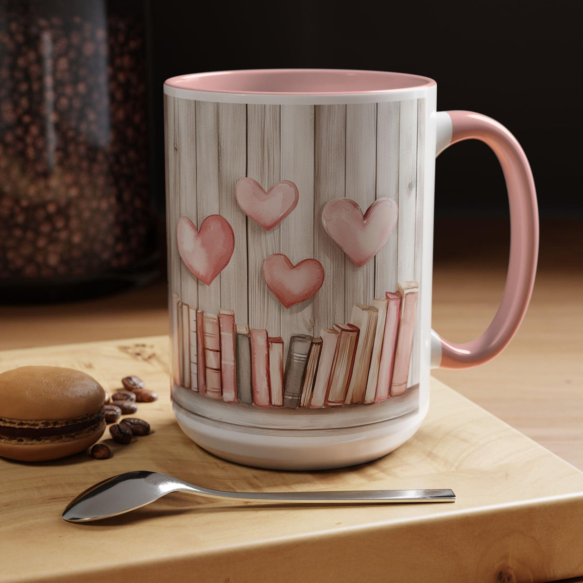 Pink Heart Bookshelf Mug , Accent Coffee Mug ,Book Lover Valentine Mug, Pink Heart Books Coffee Cup, Romantic Gift Mug