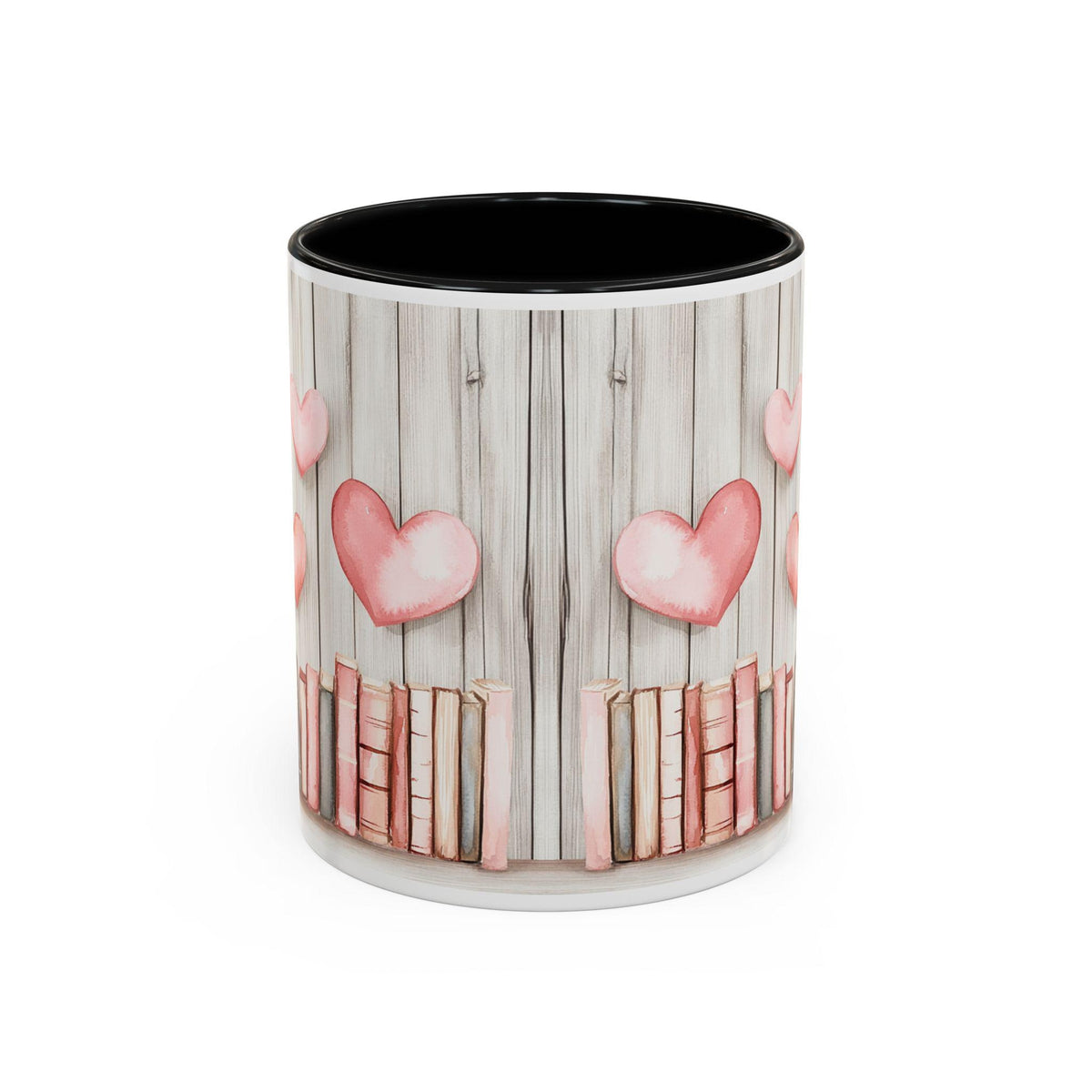 Pink Heart Bookshelf Mug , Accent Coffee Mug ,Book Lover Valentine Mug, Pink Heart Books Coffee Cup, Romantic Gift Mug