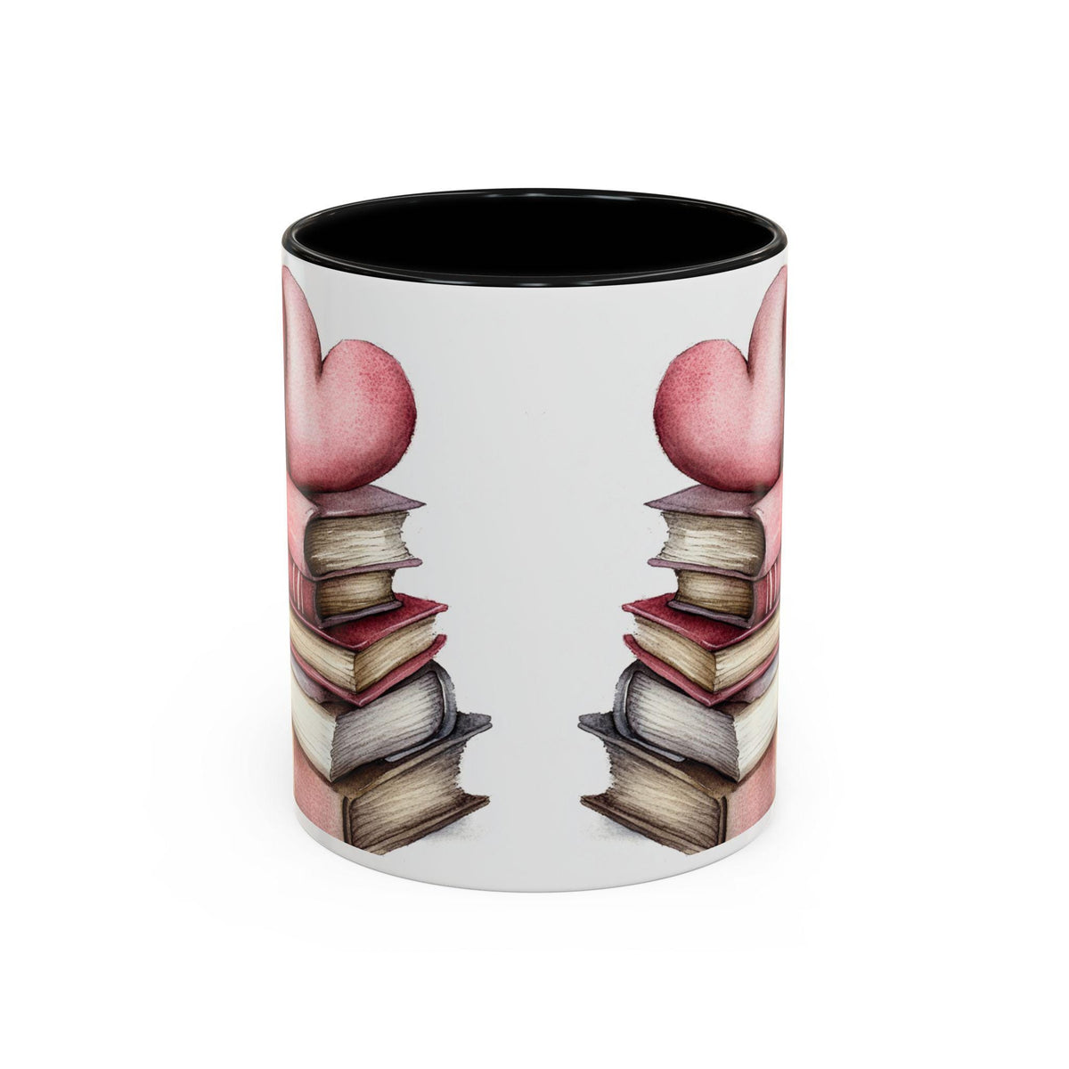 Stack of Books with Hearts Coffee Mug , Accent Pink Handle,Book Lover Valentine Mug, Pink Heart Books Coffee Cup, Romantic Gift Mug