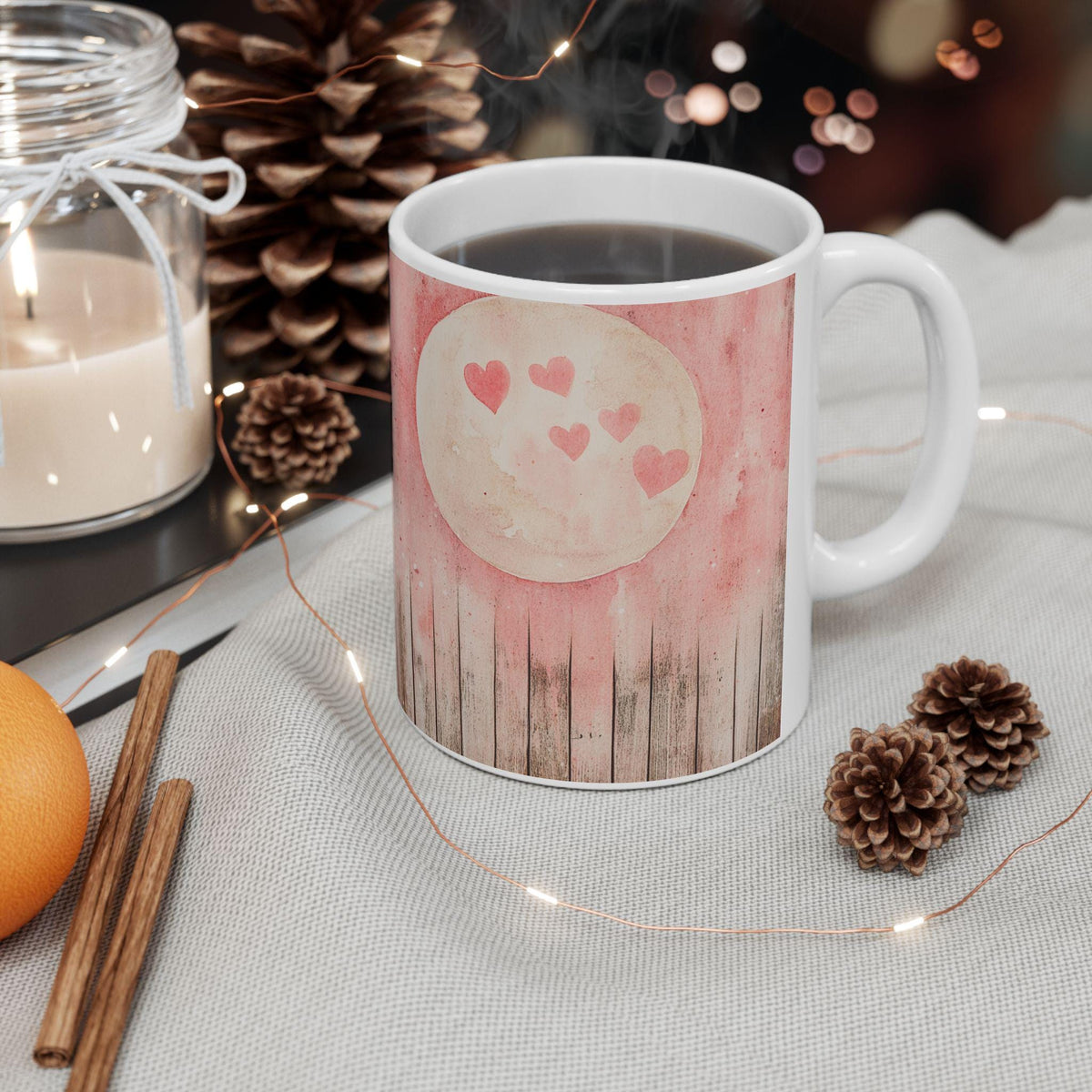 Pink Moon Heart Illustration Mug, Rustic Watercolor Moon Coffee Cup,Romantic Cupid Coffee Cup, Artistic Aesthetic Tea Cup,Bridal Shower Gift