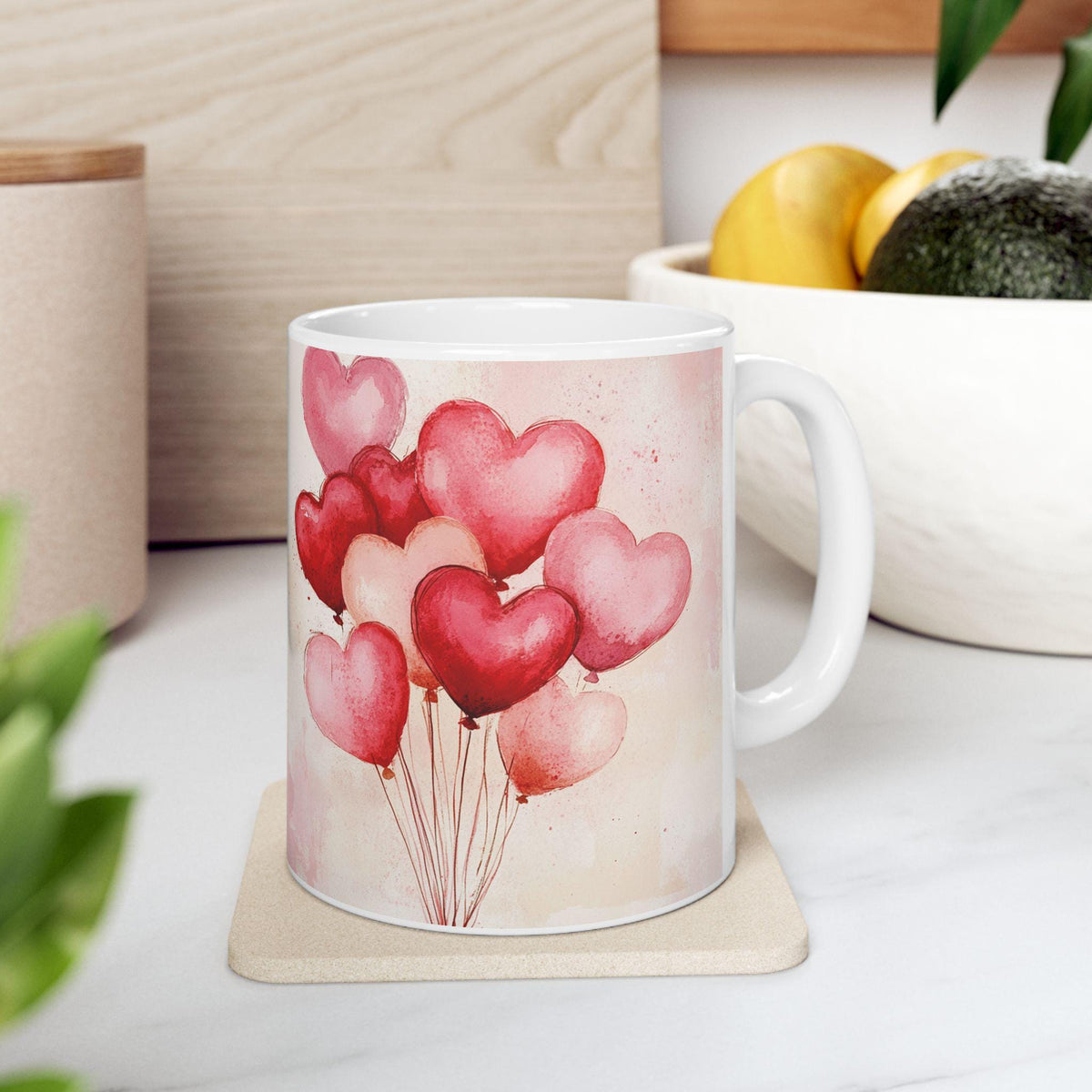 Watercolor Heart Balloons Mug ,Valentine Love Ceramic Mug,Romantic Cupid Coffee Cup, Anniversary Celebration Gift,Bridal Shower Gift