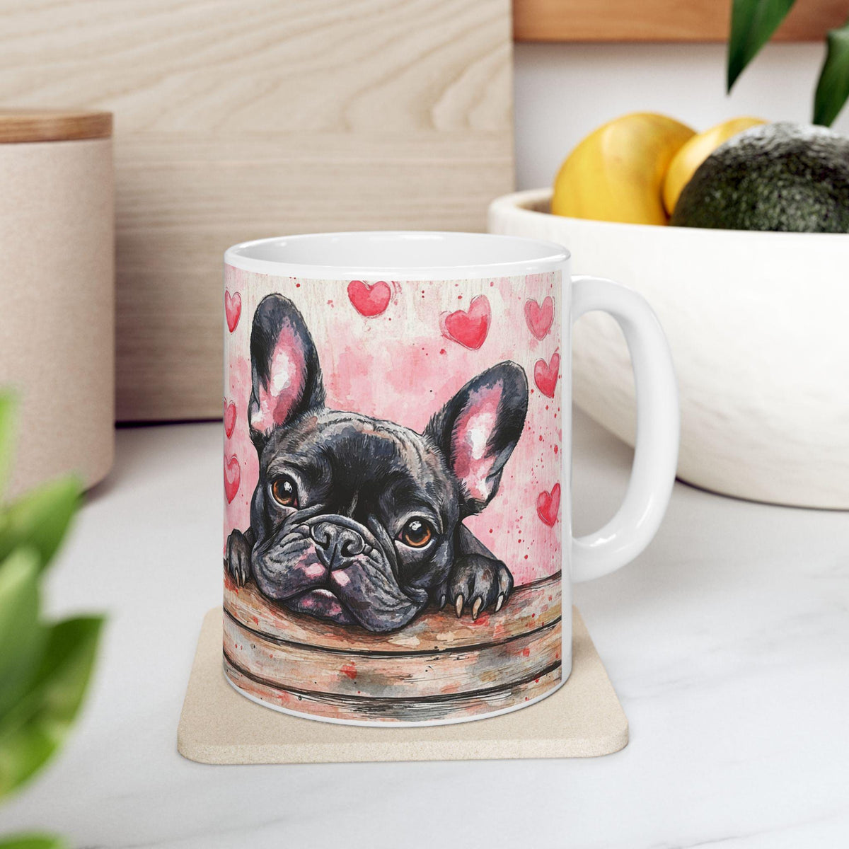 Valentine Mug,French Bulldog Illustration Mug,Heart Pattern Ceramic Coffee Cup,Romantic Aesthetic, Valentines Day Mug for Girlfriend