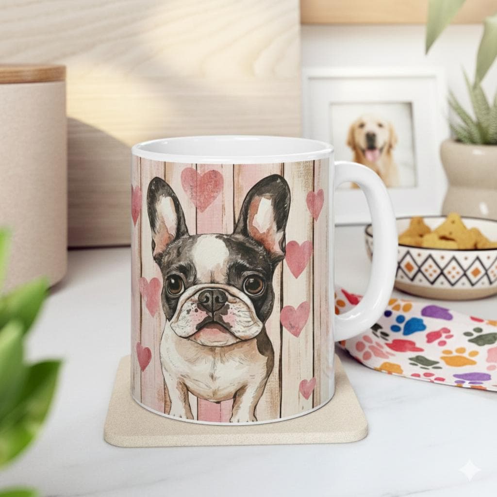 Valentine Mug,French Bulldog Hearts mug,Cute dog illustration,rustic pink heart pattern,Cute French Bulldog Mug with Hearts, Dog Lover