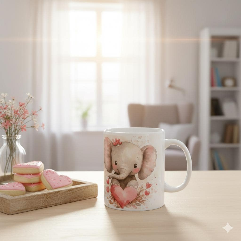 Watercolor Baby Elephant Holding Heart Mug,Ceramic Coffee Cup,Cute Baby Elephant Mug with Hearts,Valentine Gift