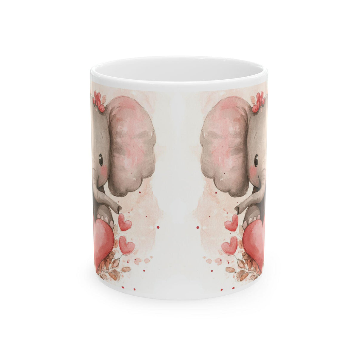 Watercolor Baby Elephant Holding Heart Mug,Ceramic Coffee Cup,Cute Baby Elephant Mug with Hearts,Valentine Gift