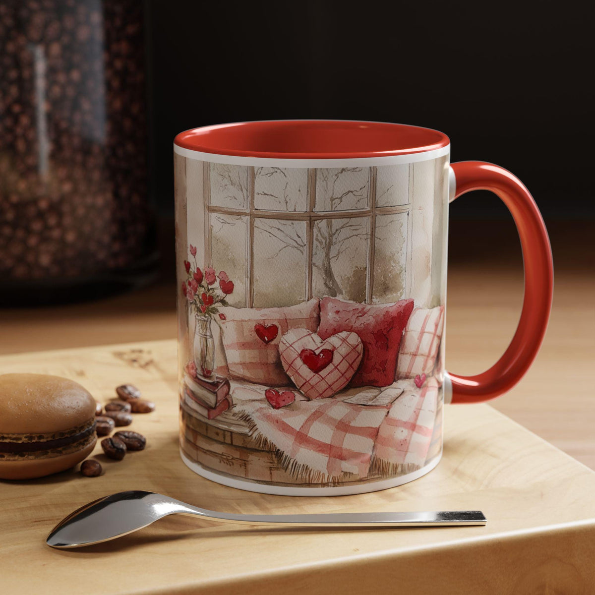 Cozy Window Seat with Heart Pillows Mug ,Accent Coffee Mug, Mothers Day Mug, Spring Floral Aesthetic Mug