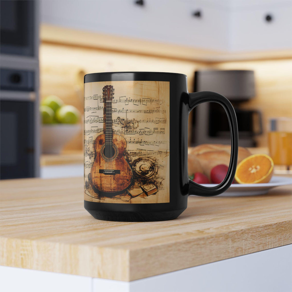 Vintage Acoustic Guitar Music Notes Mug | Black Ceramic Coffee Cup 15 oz