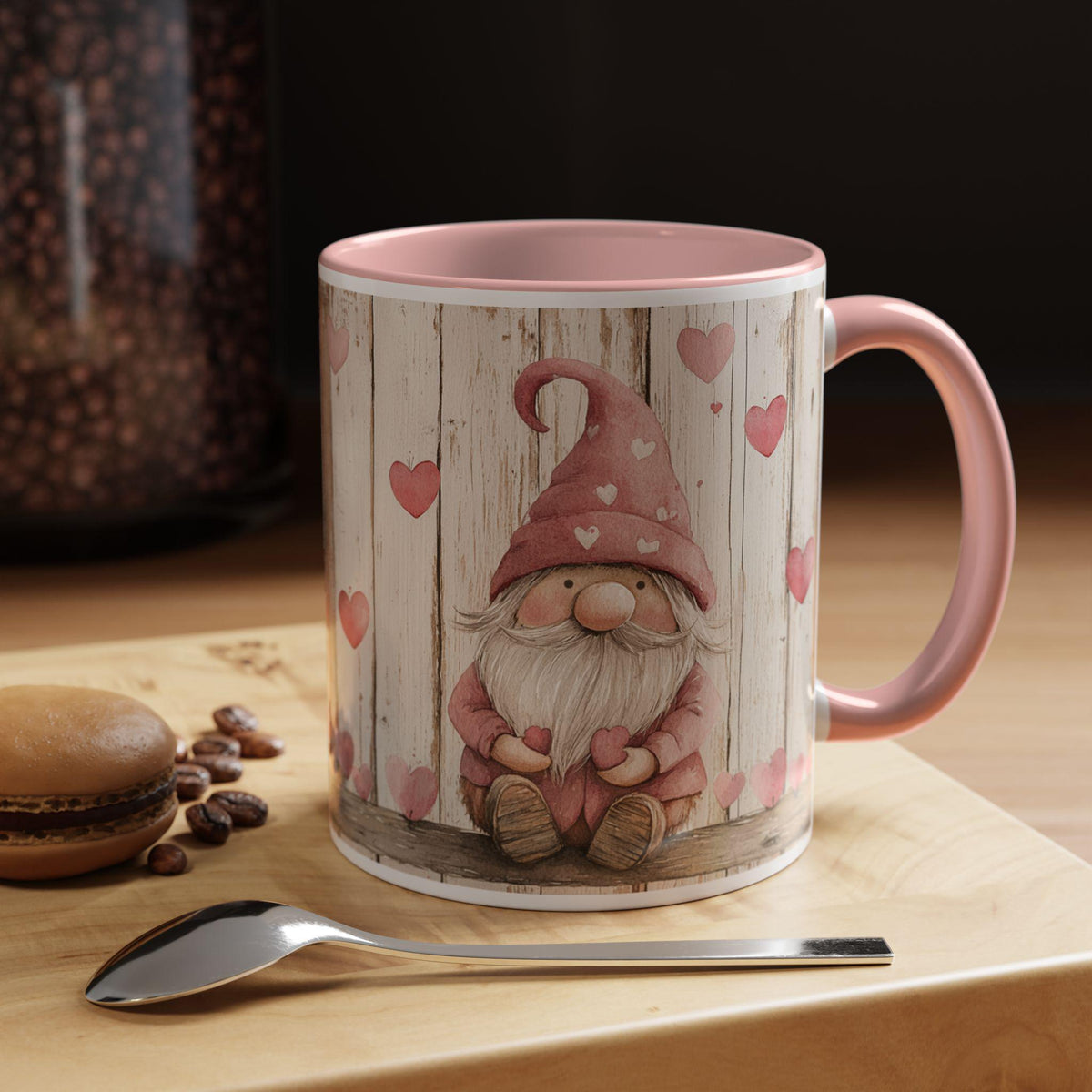 Valentine Pink Gnome Mug ,Accent Coffee Mug,Valentine Day Gnome Mug, Cute Pink Gnome with Hearts Coffee Cup, Romantic Gift for Her