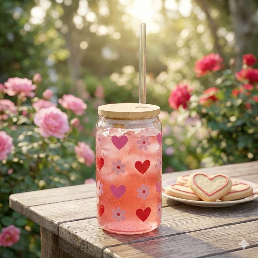 Pink Hearts and Flowers Sipper Glass, Glass Can Cup with Bamboo Lid Straw, Cute Iced Coffee Glass ,Valentine Aesthetic Drinkware