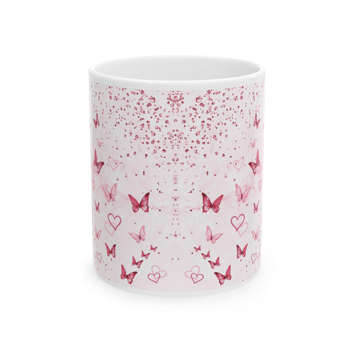 Pink Watercolor Butterflies Mug , Hearts Pattern Ceramic Mug,Pink Butterfly Heart Coffee Mug ,Romantic Floral Style, Gift for Her