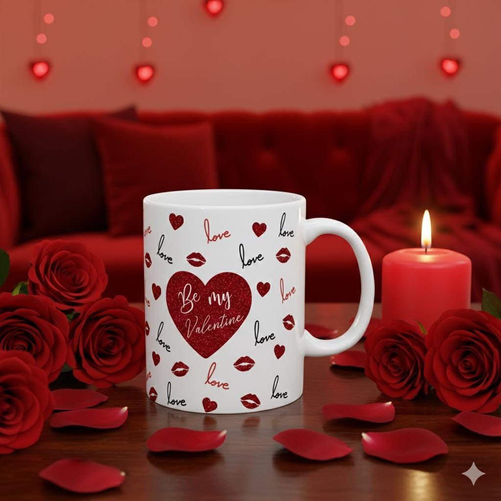 Valentine mug,Be My Valentine Coffee Mug, Ceramic Mug, Red Glitter Heart Design, Valentine Gift for Her Valentine mug