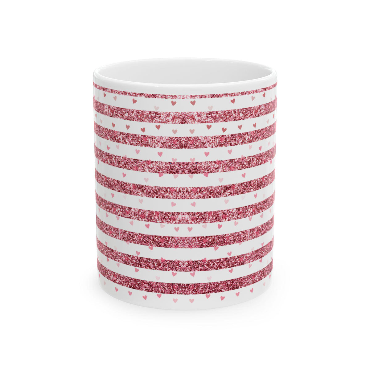 Pink Glitter Stripe Heart Mug , Ceramic Coffee Mug, Valentine Gift for Her, Cute Love Design , 11 oz 15 oz