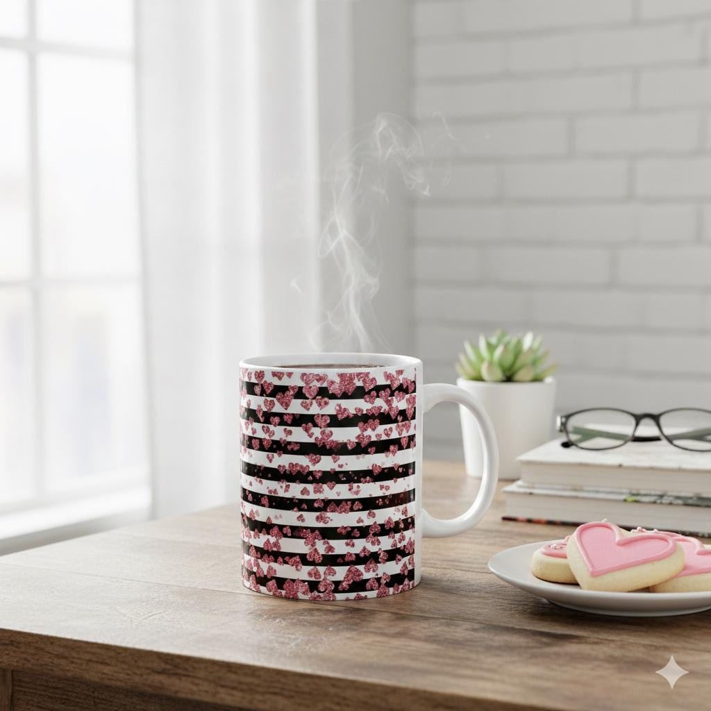 Pink Glitter Heart Stripe Mug , Black  White Striped Valentine Gift for Her,11 oz  15 oz Ceramic Coffee Mug