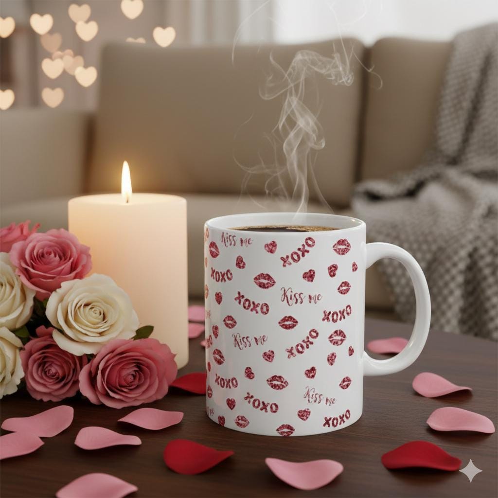 XOXO Lips Pattern Mug ,Kiss Print Ceramic Coffee Cup,Kiss Me Coffee Mug  11 oz 15 oz Ceramic Mug, Valentine Gift for Her