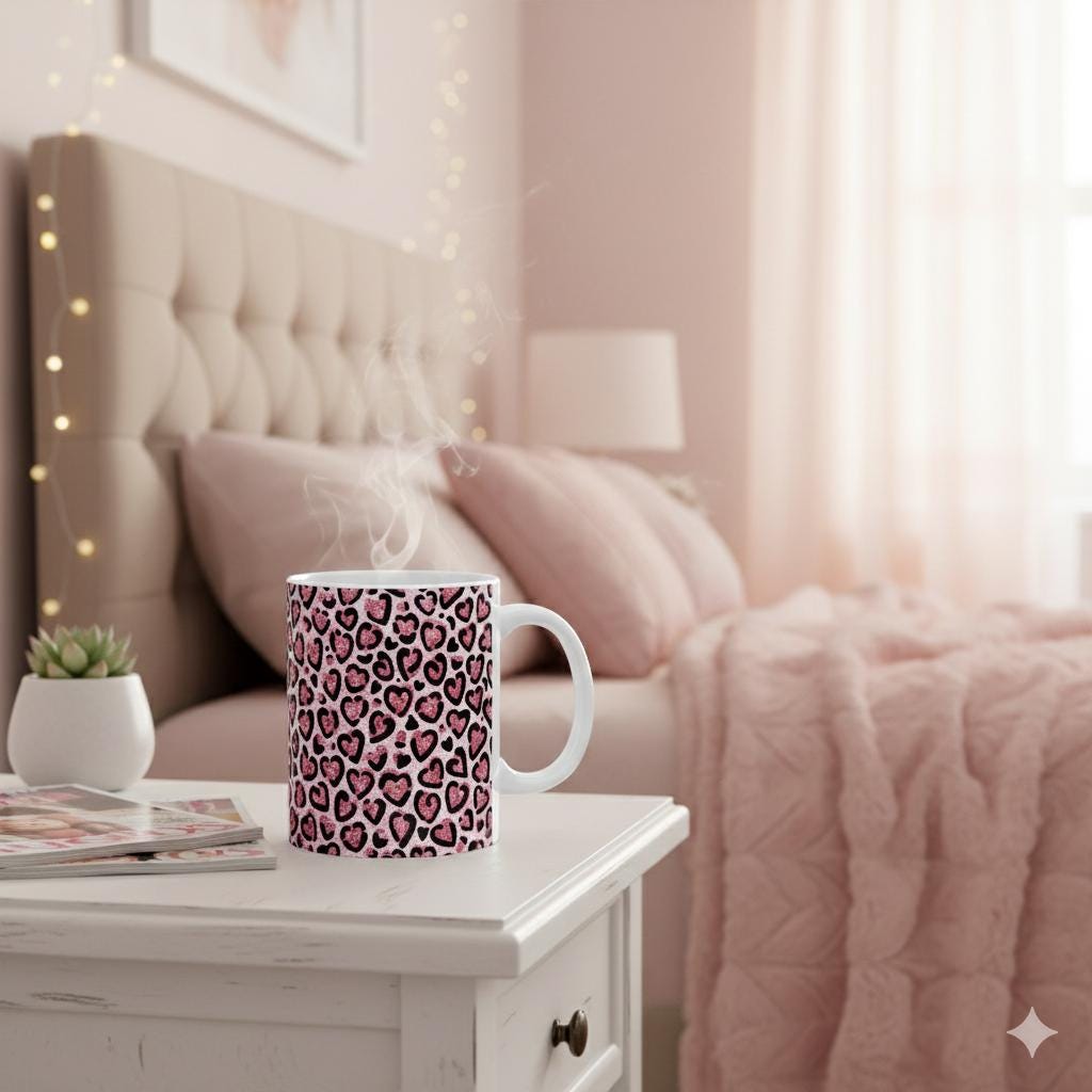 Leopard Heart Pattern Coffee Mug 11 oz ,15 oz Pink Glitter Ceramic Mug, Cute Love Gift