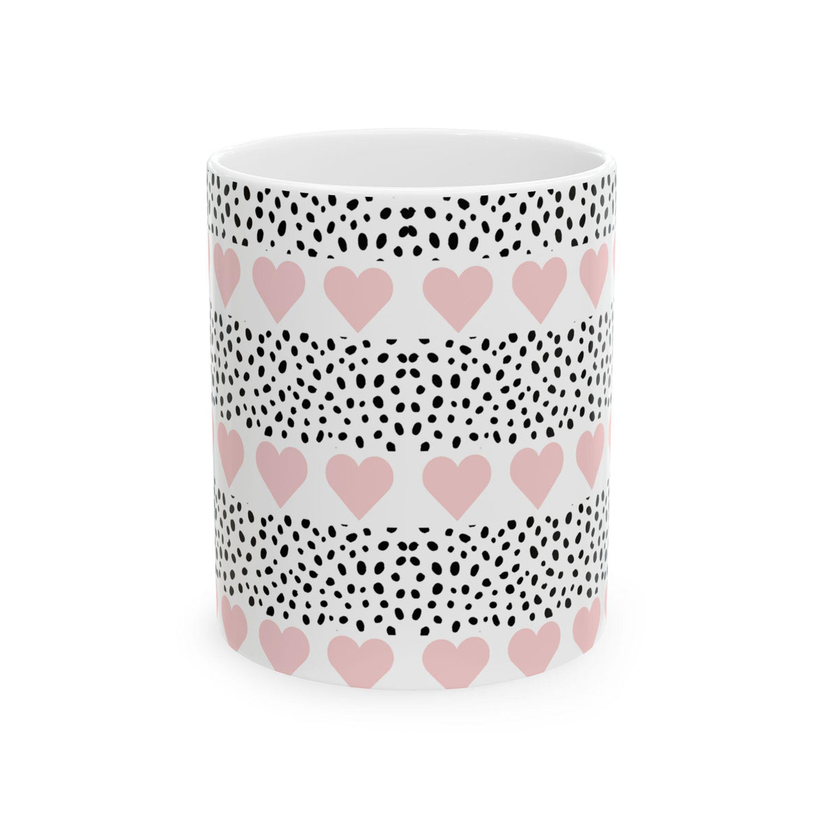 Pink Heart Pattern Coffee Mug  , Minimal Black Dot Design, Gift for Her, 11 oz , 15 oz Ceramic Mug,