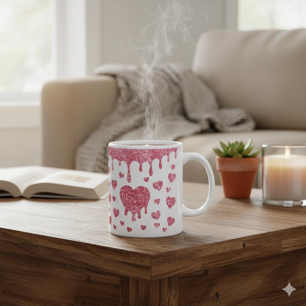 Valentine Mug,Glitter Pink Drip Heart Mug  11 oz ,15 oz Ceramic Coffee Mug, Cute Gift for Her
