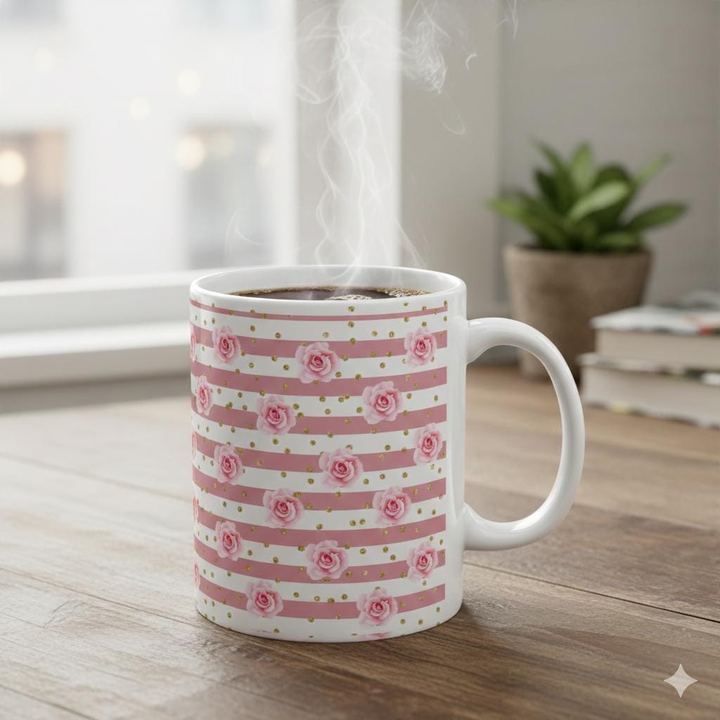 Pink Rose Stripes  Coffee Mug , 11 oz & 15 oz Ceramic Mug, Floral Gold Dot Design, Cozy Gift for Her