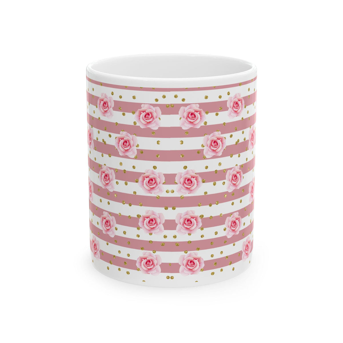 Pink Rose Stripes  Coffee Mug , 11 oz & 15 oz Ceramic Mug, Floral Gold Dot Design, Cozy Gift for Her