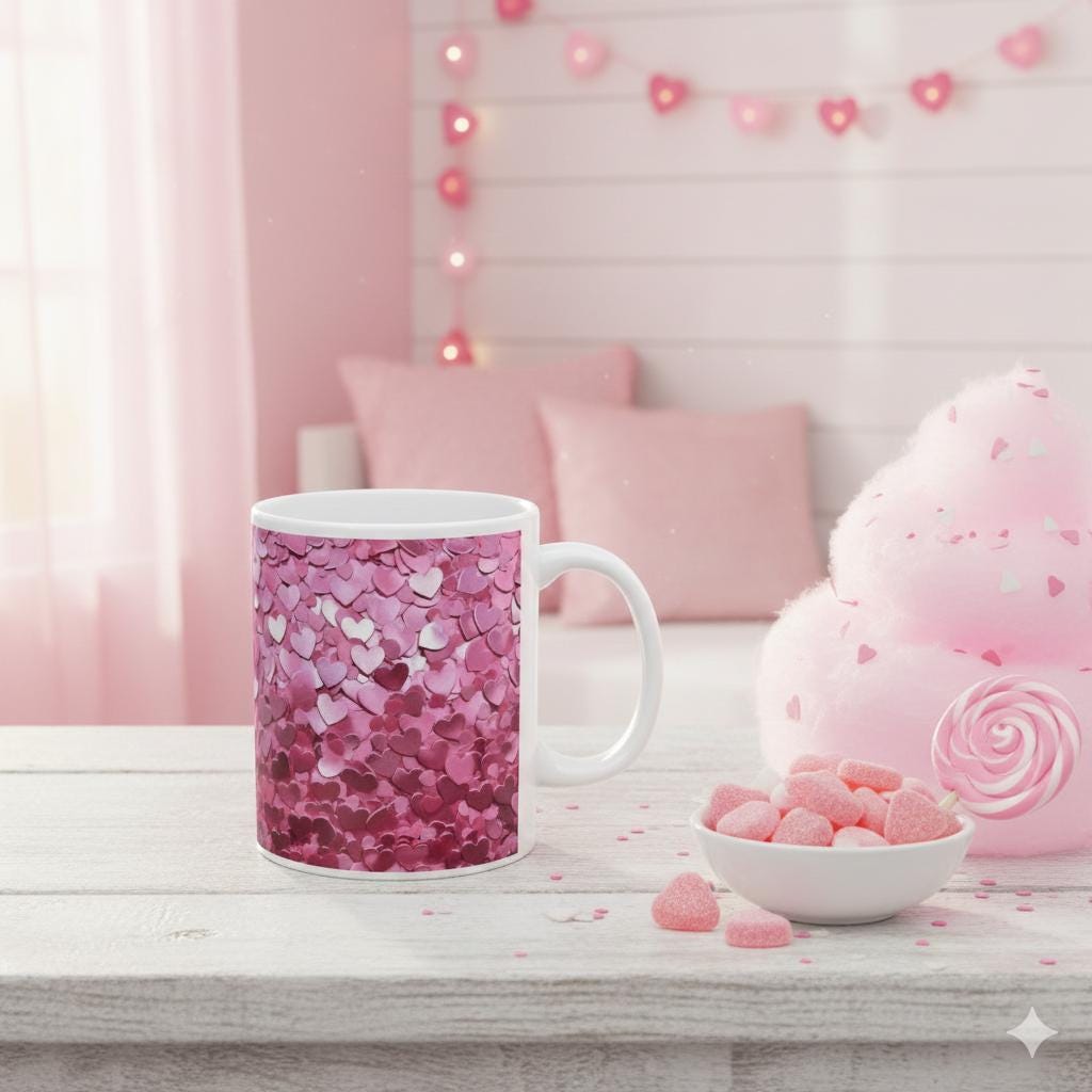 Pink Heart Sequin Pattern Mug ,Pink Heart Pattern Mug, Valentines Day Coffee Mug, Romantic Love Mug ,Cute Heart Mug Gift for Her