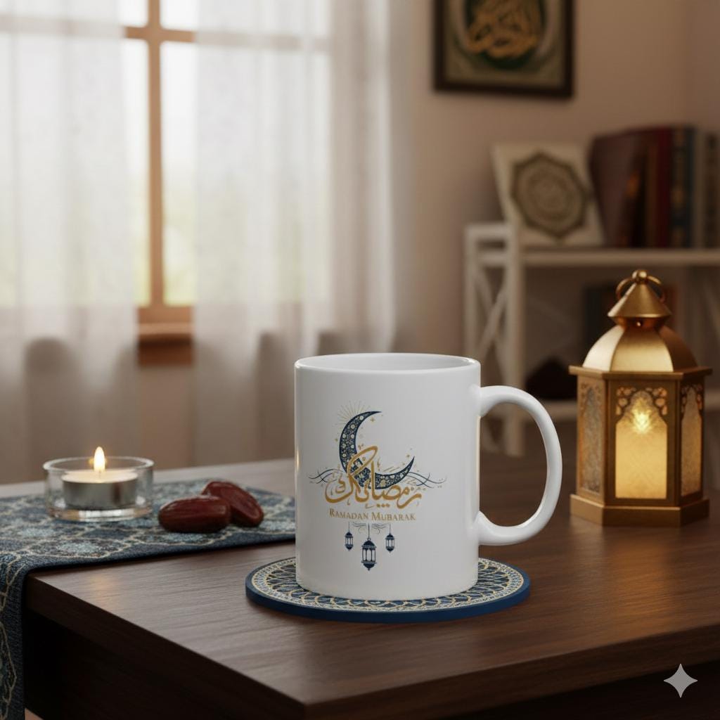 Ramadan Mubarak Mug, Islamic Gift, Muslim Holiday Coffee Cup, Crescent Moon Lantern Design, Ramadan Gift for Family  Friends Kids Mug