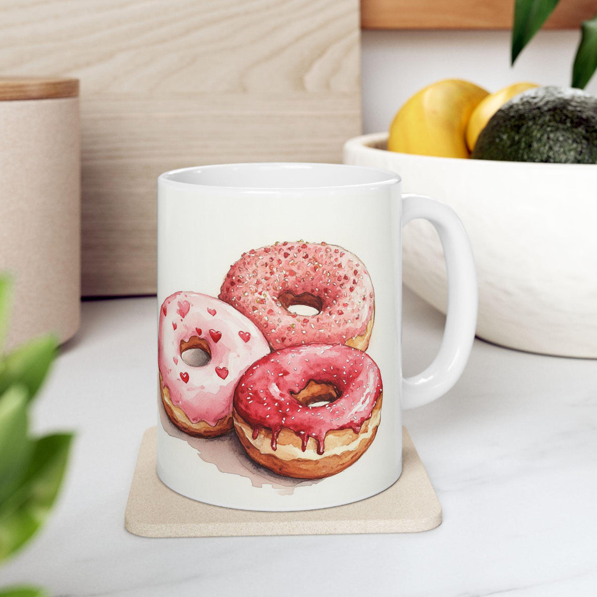 Pink Frosted Donut Illustration Mug ,Ceramic Coffee Cup,Valentine Mug, Love Pattern Coffee Cup, Cute Gift for Her