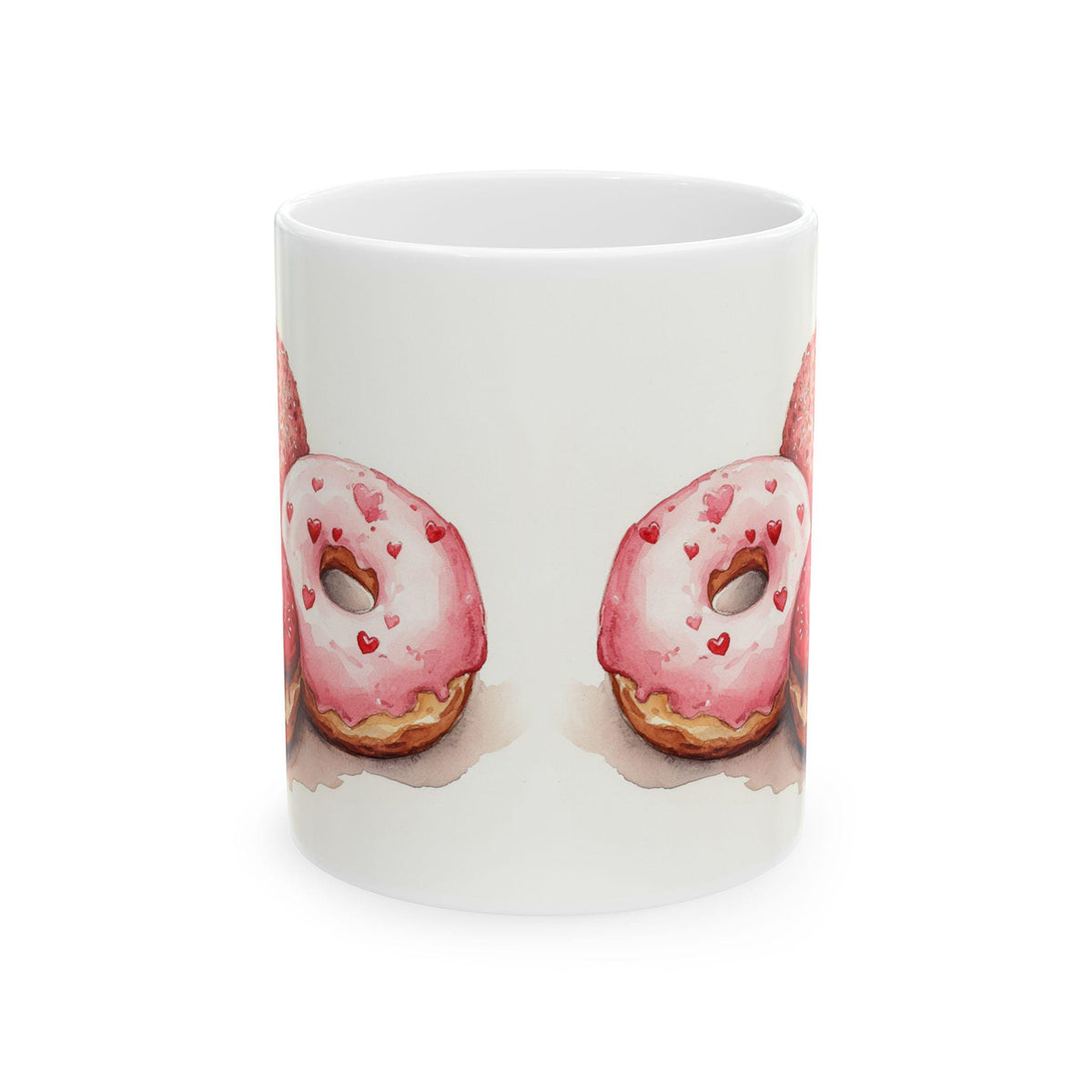 Pink Frosted Donut Illustration Mug ,Ceramic Coffee Cup,Valentine Mug, Love Pattern Coffee Cup, Cute Gift for Her