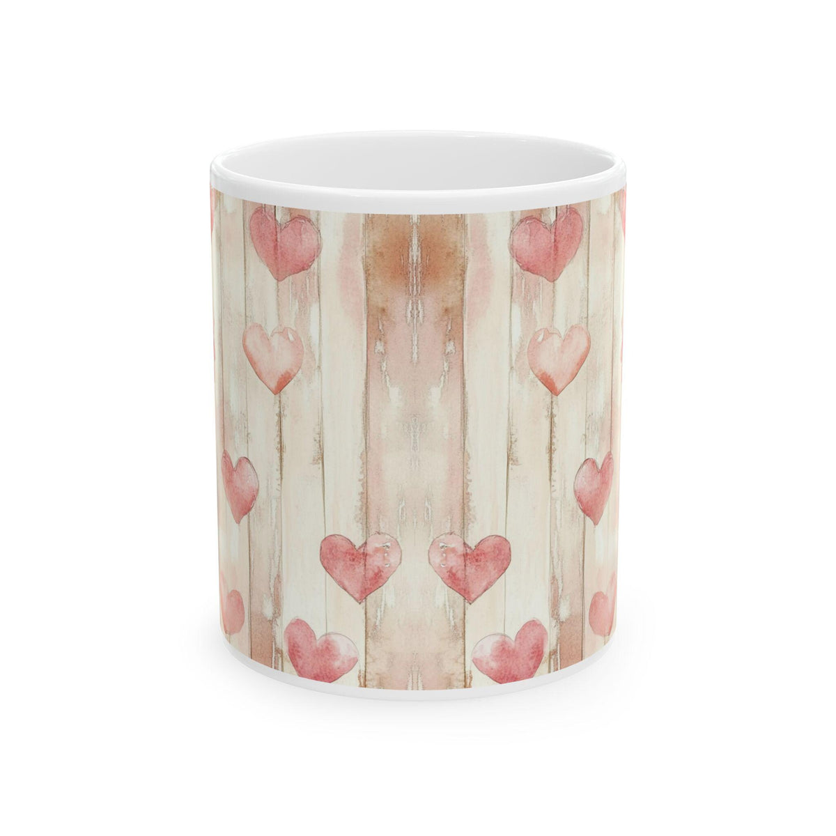 Watercolor Pink Hearts Mug, Rustic Wood Heart Pattern Ceramic Mug,Cupid Angel Mug, Vintage Valentine Coffee Mug, Romantic Love Mug