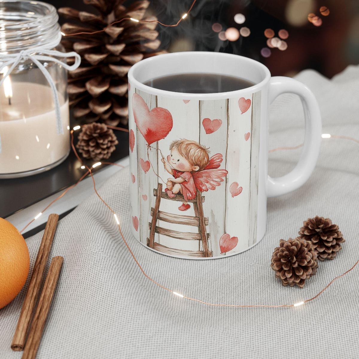 Watercolor Heart Balloons Mug ,Ceramic Coffee Cup,Cupid Angel Mug, Vintage Valentine Coffee Mug, Romantic Love Mug
