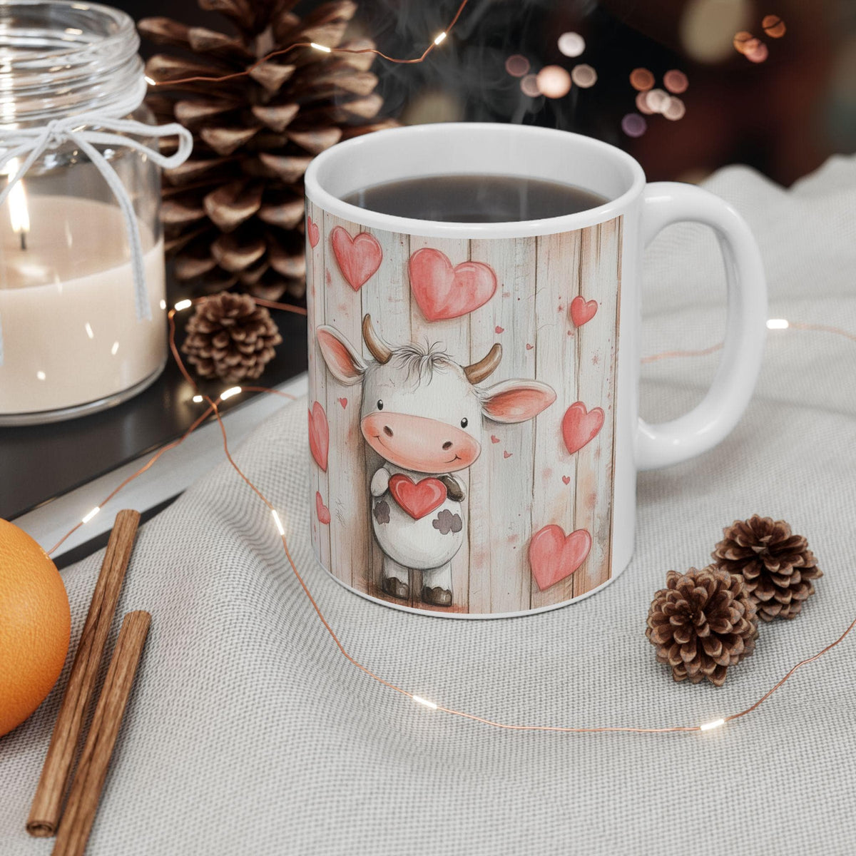 Valentine Mug ,Cute Cow with Hearts Mug ,Rustic Wood Valentine Coffee Cup,Vintage Valentine Coffee Mug, Romantic Love Mug