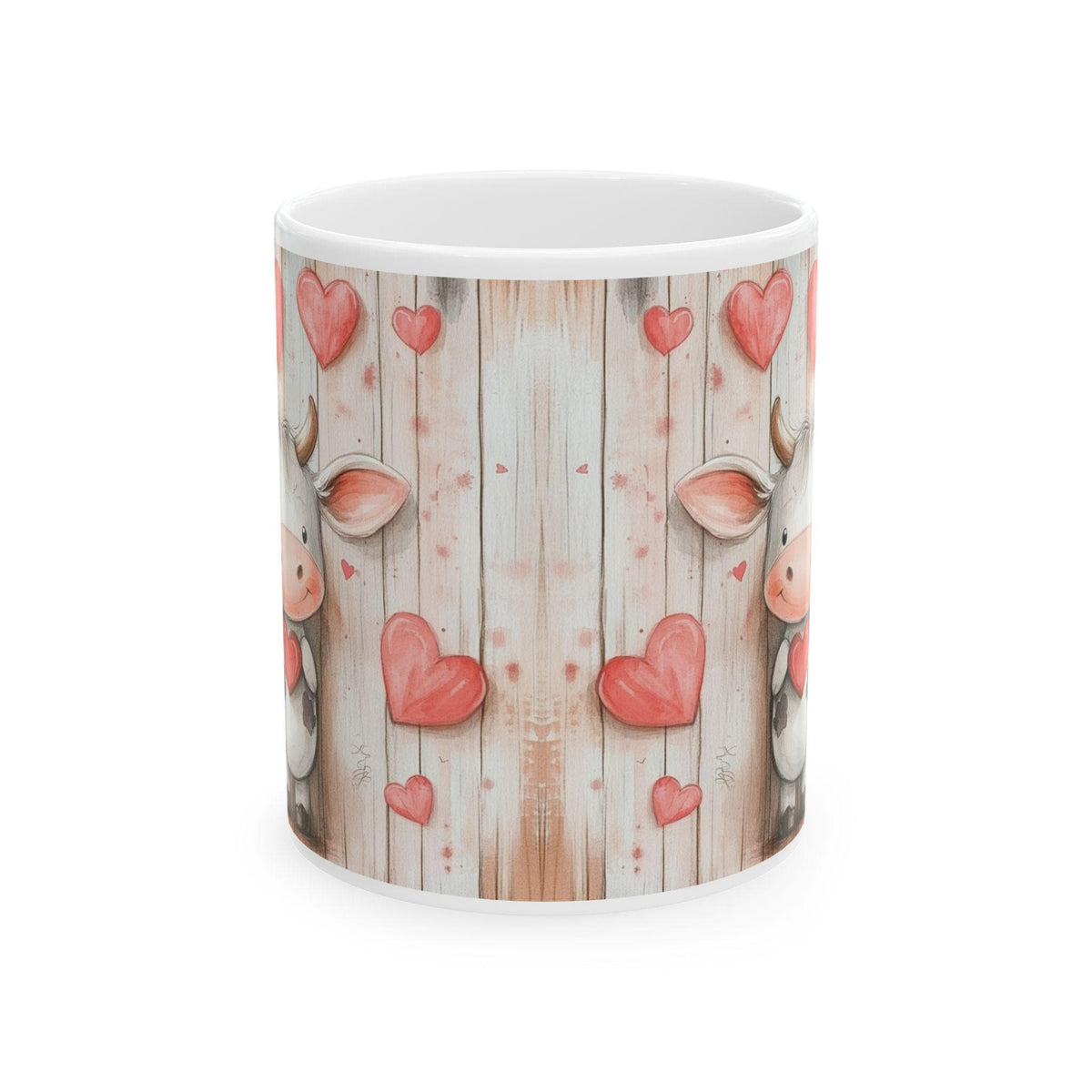 Valentine Mug ,Cute Cow with Hearts Mug ,Rustic Wood Valentine Coffee Cup,Vintage Valentine Coffee Mug, Romantic Love Mug