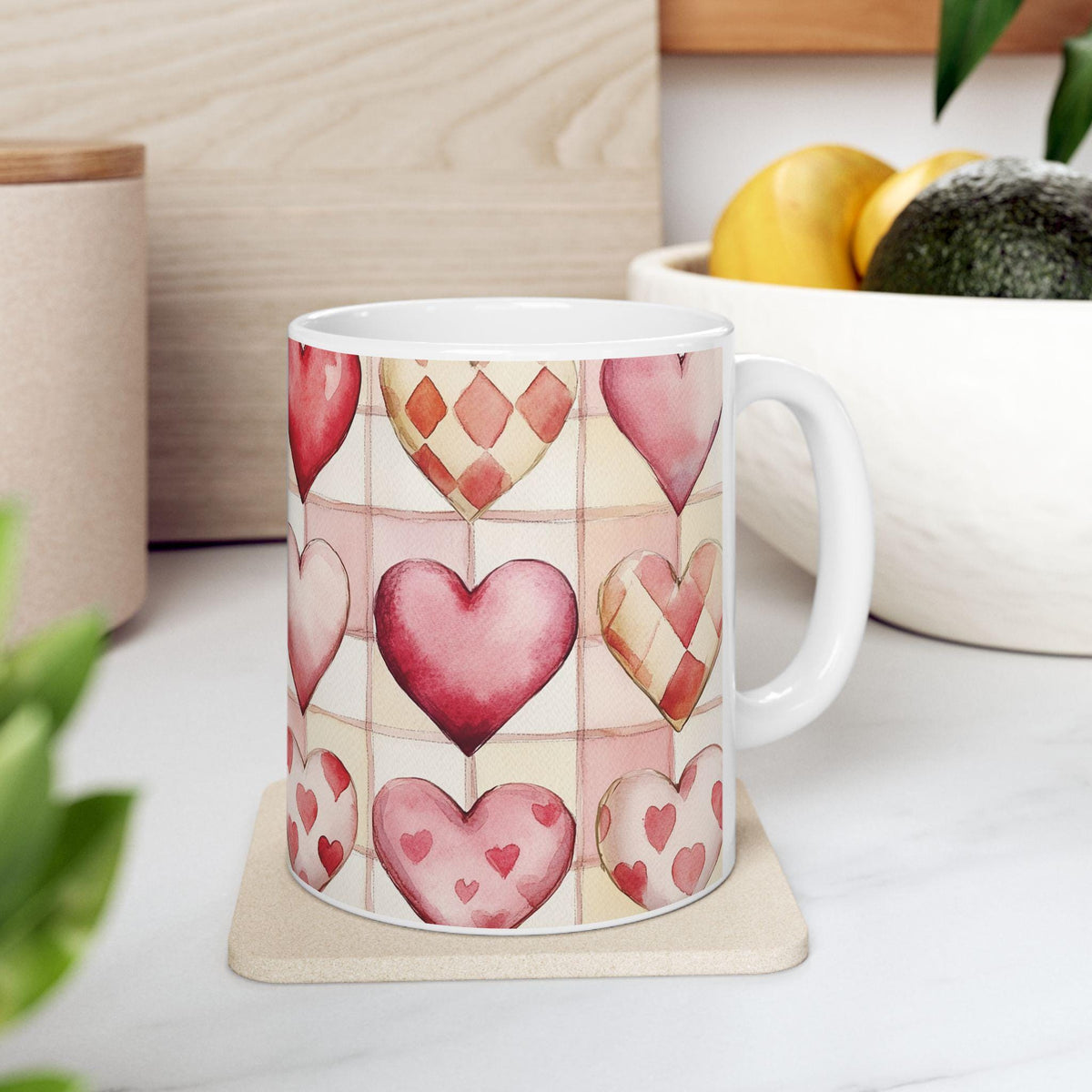 Watercolor Heart Pattern Ceramic Mug | Valentines Pink Hearts Coffee Cup,Vintage Valentine Coffee Mug, Romantic Love Mug