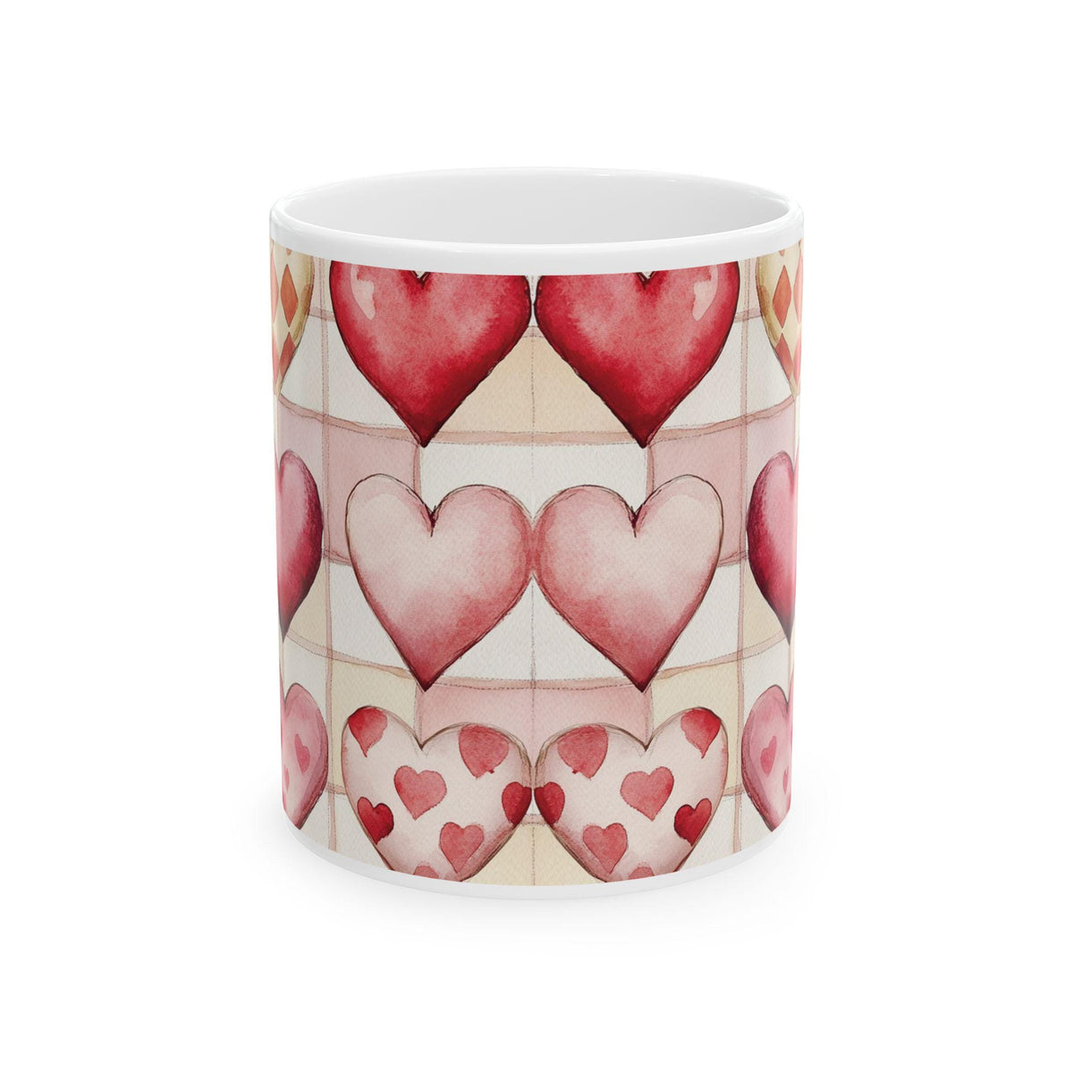 Watercolor Heart Pattern Ceramic Mug | Valentines Pink Hearts Coffee Cup,Vintage Valentine Coffee Mug, Romantic Love Mug