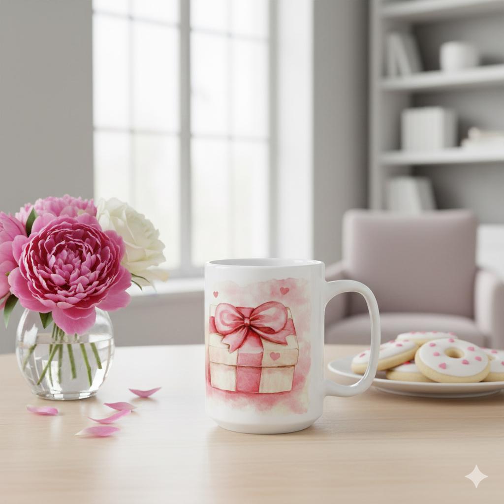 Pink Gift Box Hearts Mug , Valentine Day Ceramic Mug, Watercolor Gift Box Mug, Valentine Coffee Mug, Romantic Gift Mug