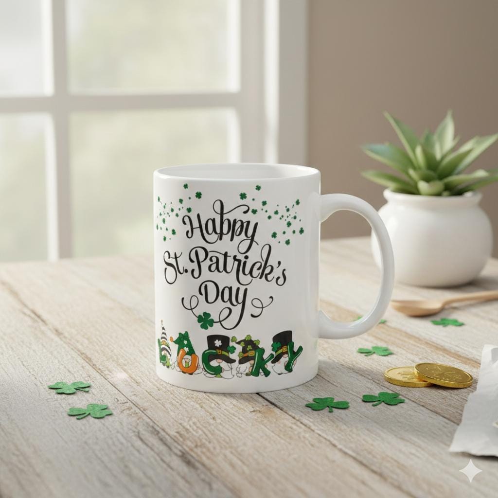 Happy St. Patricks Day Lucky Mug ,Irish Gnome Coffee Mug, St Patricks Day Gift ,Shamrock Mug