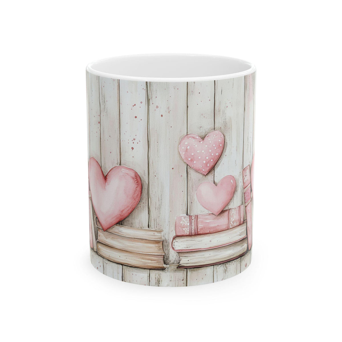 Pink Heart Shelf Mug , Rustic Wood Valentine Love Ceramic Mug, Book Lover Valentine Mug, Pink Heart Books Coffee Cup, Romantic Gift Mug